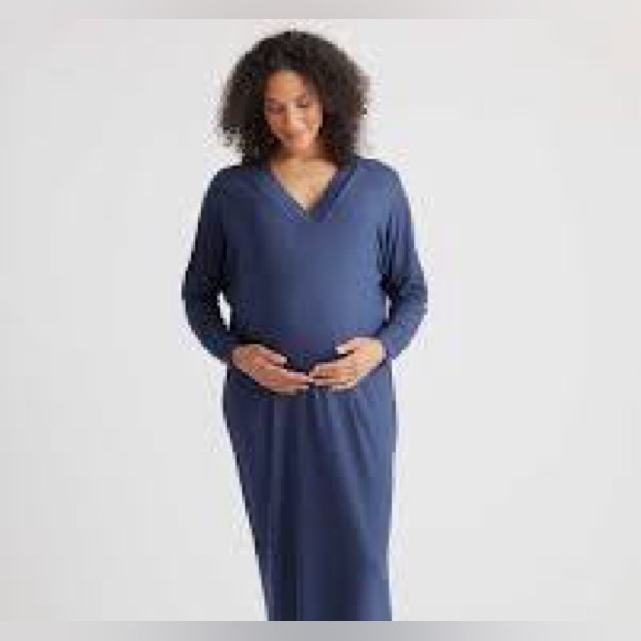 Quince French Terry Modal Long Blue Maternity Nursing Lounge Dress Mom Casual - Picture 1 of 8